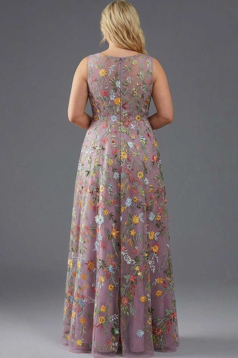 Floral Mauve V-Neck A Line Maxi Prom Dress with Slit