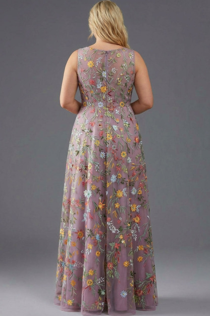 Floral Mauve V-Neck A Line Maxi Prom Dress with Slit