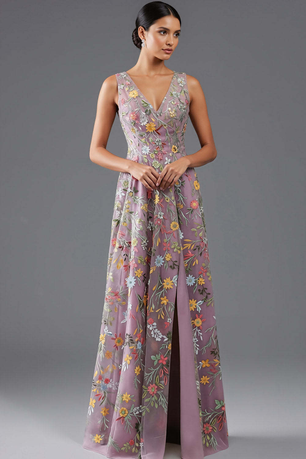 Leely Women Floral Mauve Maxi Prom Dress V-Neck A Line Embroidered Gala Dress with Slit