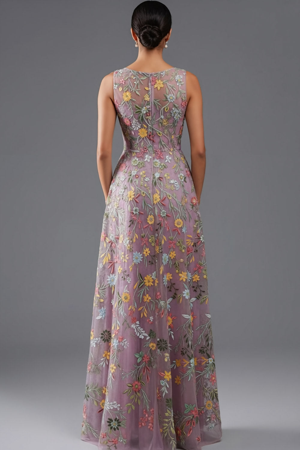 Floral Mauve V-Neck A Line Maxi Prom Dress with Slit