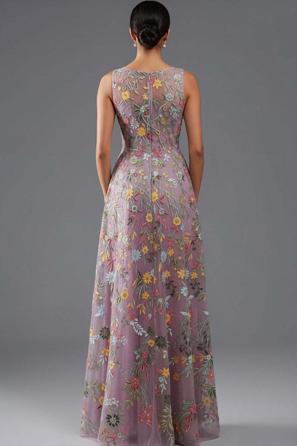 Floral Mauve V-Neck A Line Maxi Prom Dress with Slit