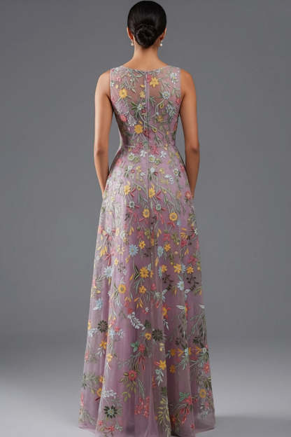 Floral Mauve V-Neck A Line Maxi Prom Dress with Slit