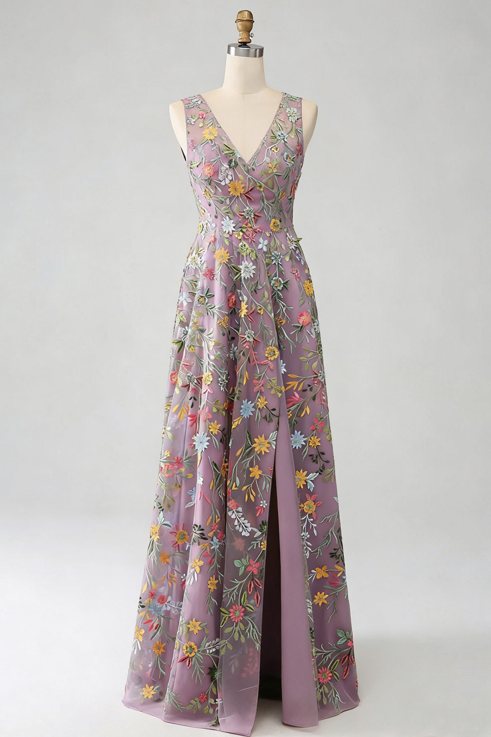 Floral Mauve V-Neck A Line Maxi Prom Dress with Slit