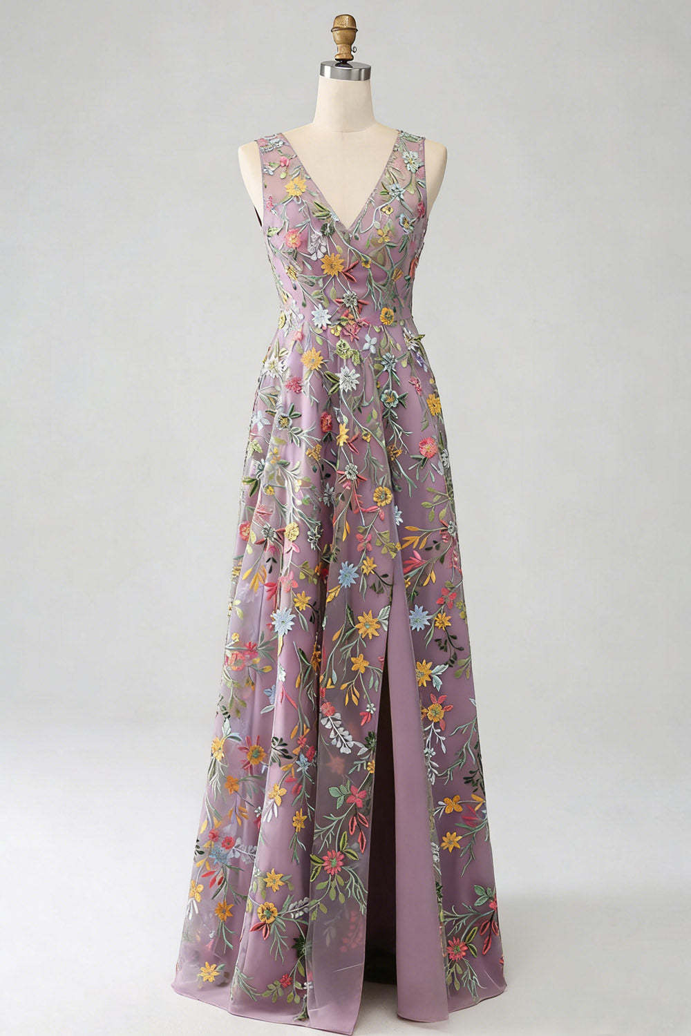 Floral Mauve V-Neck A Line Maxi Prom Dress with Slit