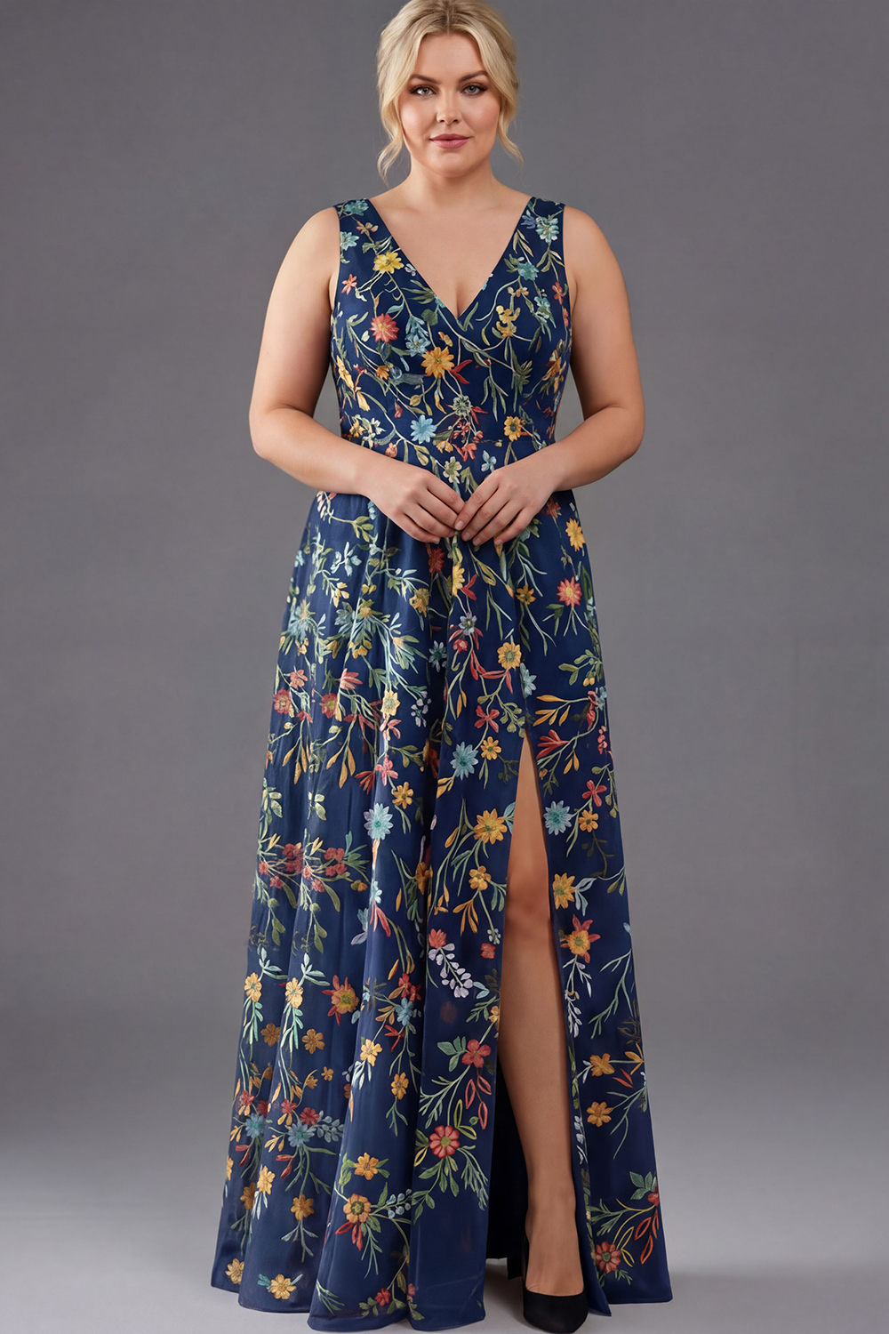 Plus Size Floral Mauve V-Neck A Line Long Wedding Guest Dress with Slit