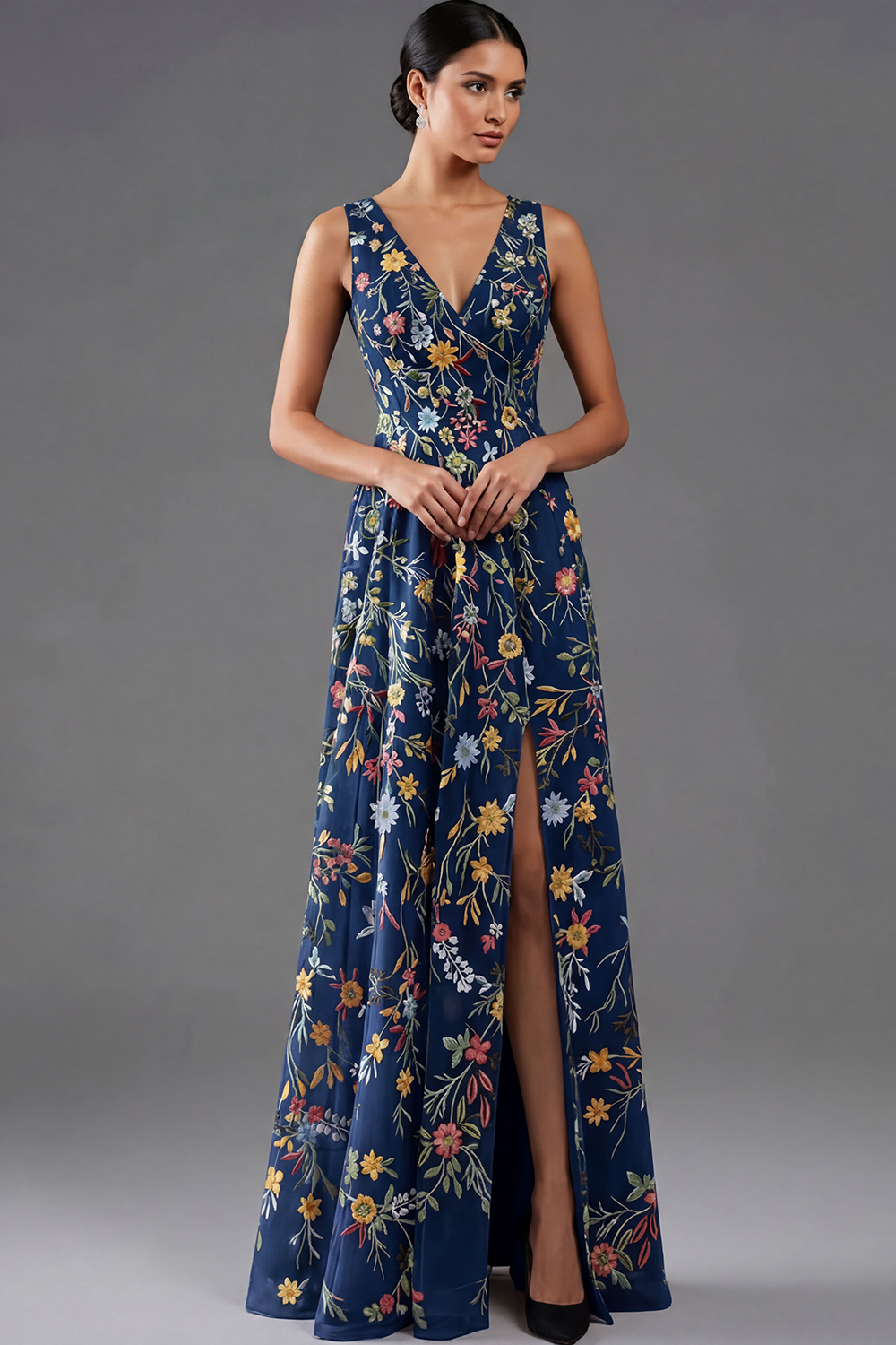 Floral Mauve V-Neck A Line Maxi Prom Dress with Slit