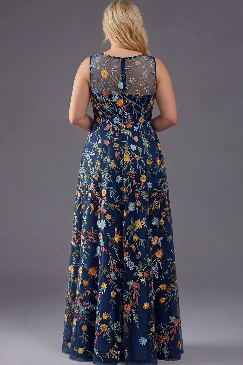 Plus Size Floral Mauve V-Neck A Line Long Wedding Guest Dress with Slit