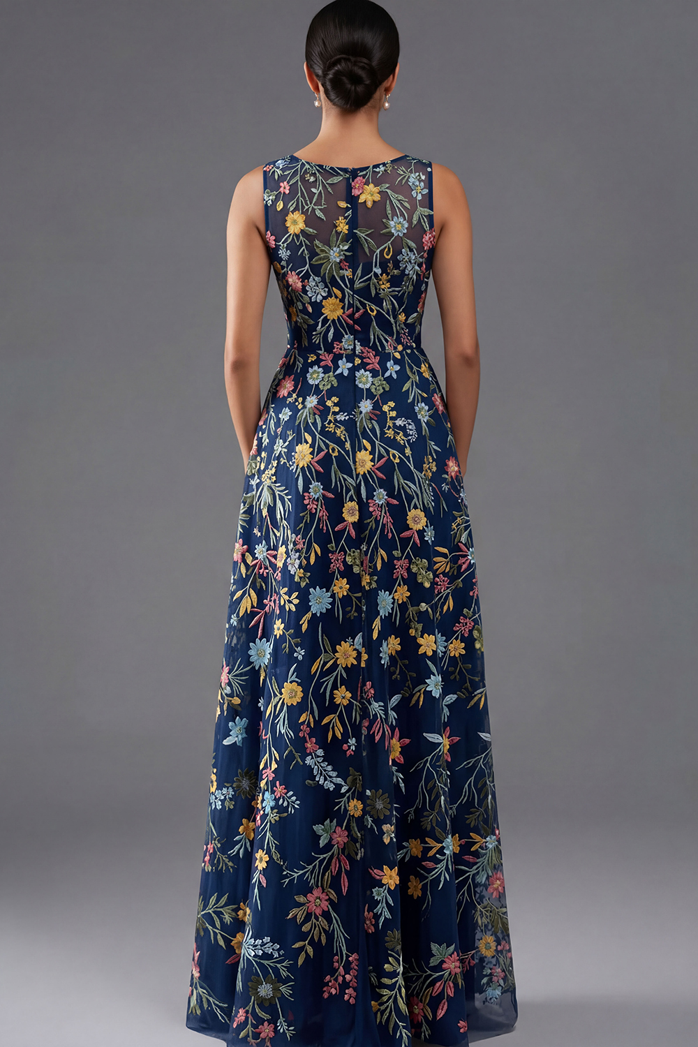 Floral Mauve V-Neck A Line Maxi Prom Dress with Slit