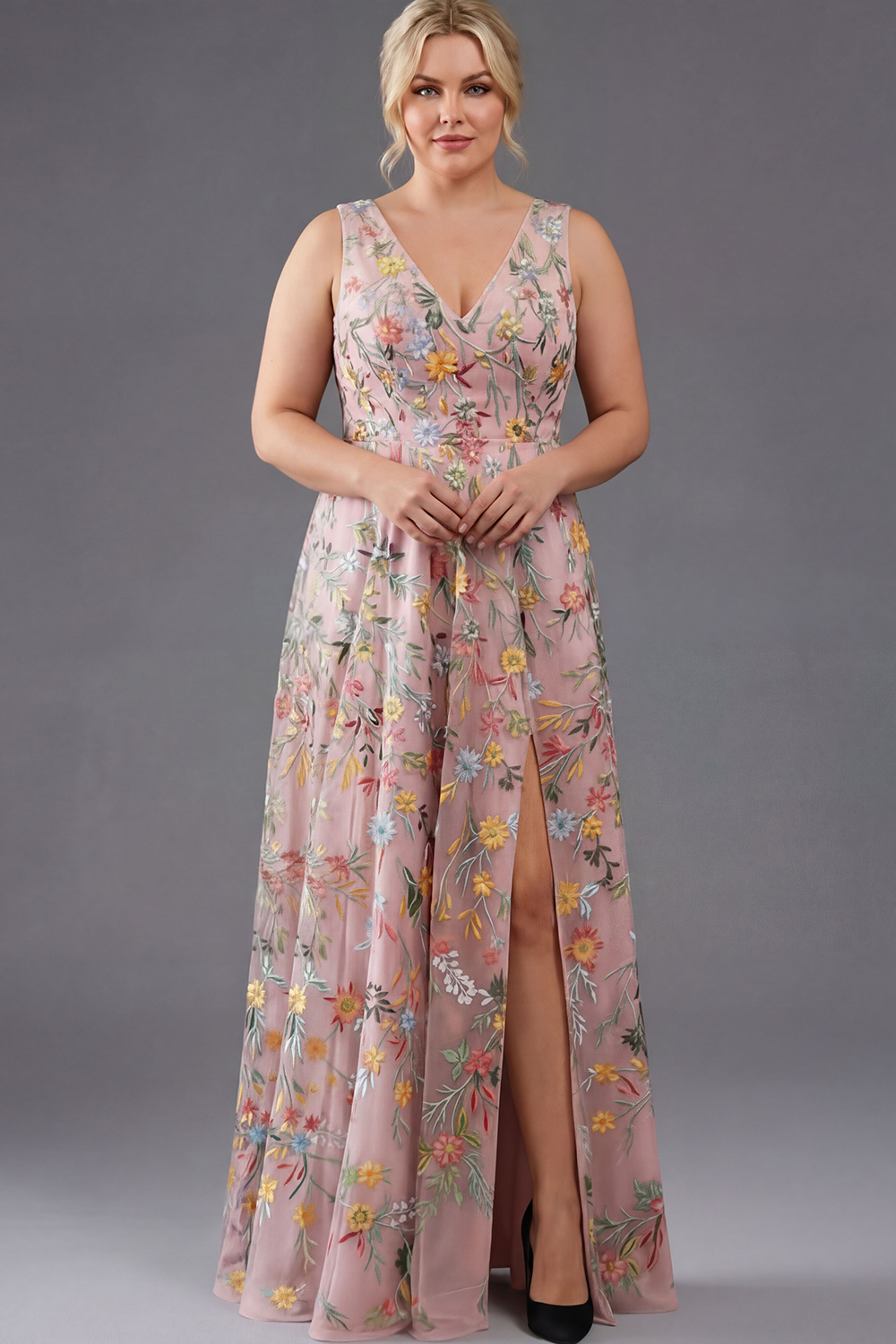 Plus Size Floral Mauve V-Neck A Line Long Wedding Guest Dress with Slit