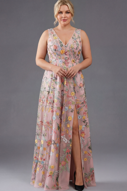 Plus Size Floral Mauve V-Neck A Line Long Wedding Guest Dress with Slit