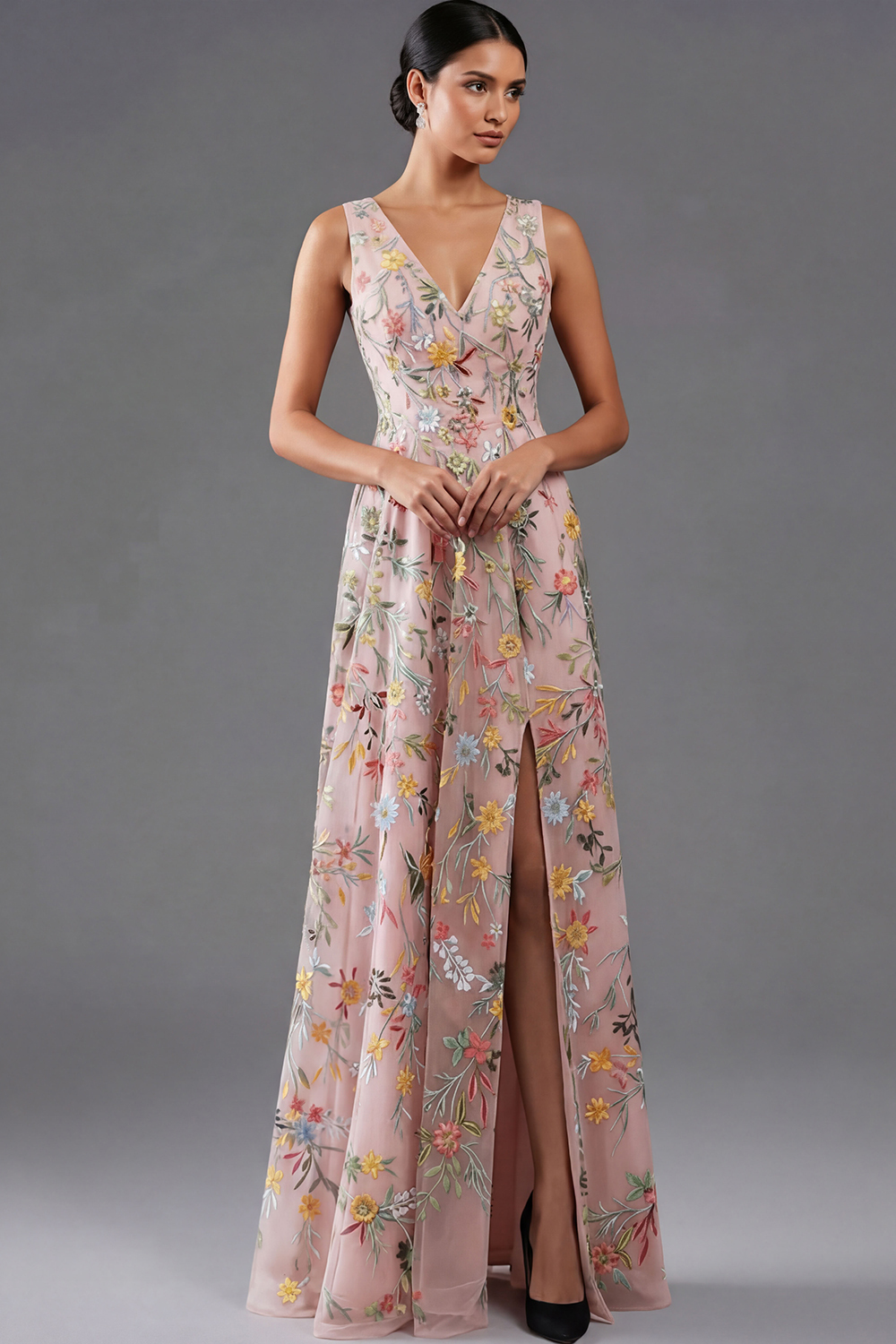 Floral Mauve V-Neck A Line Maxi Prom Dress with Slit