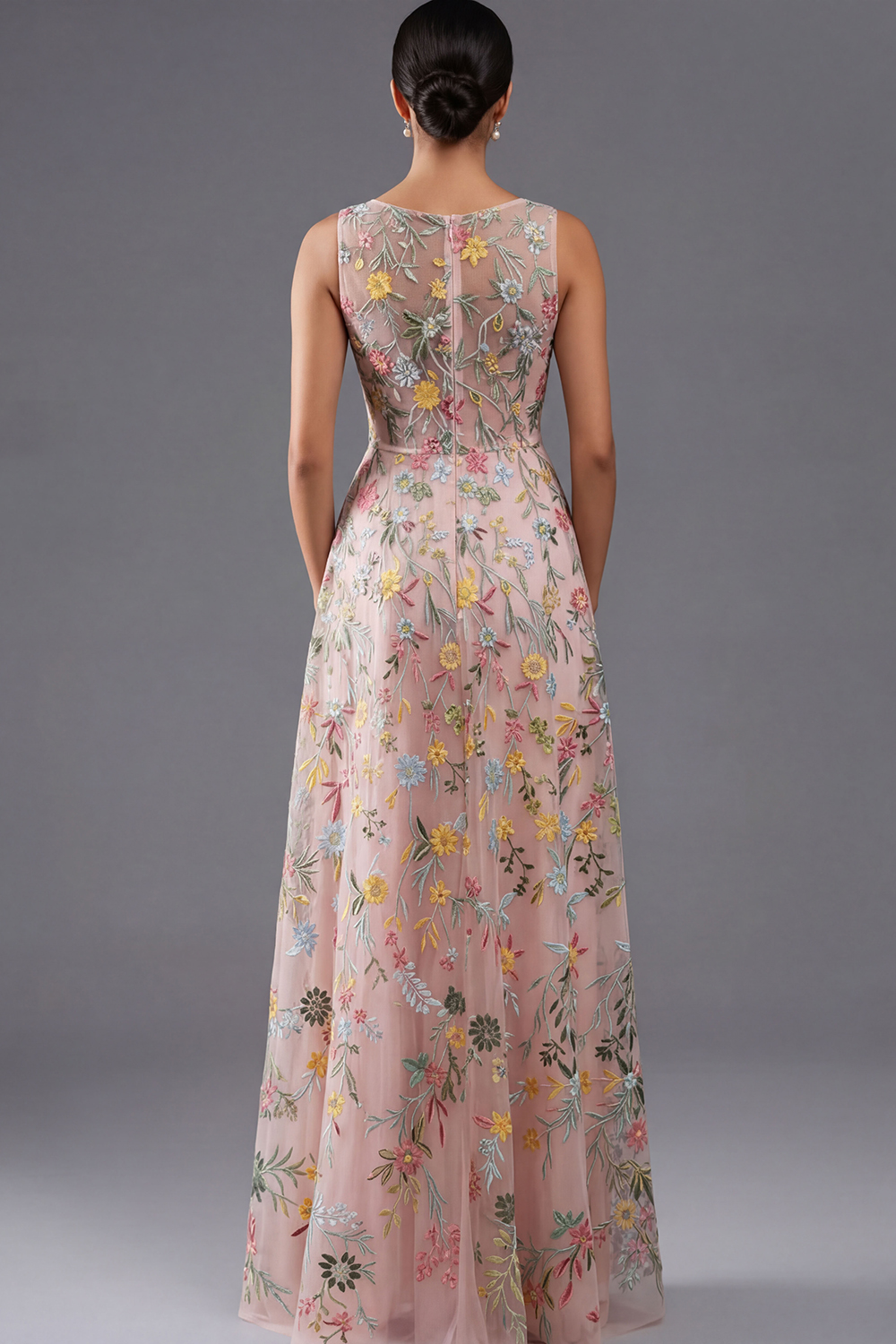 Floral Mauve V-Neck A Line Maxi Prom Dress with Slit