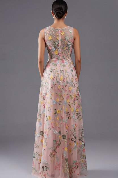 Floral Mauve V-Neck A Line Maxi Prom Dress with Slit
