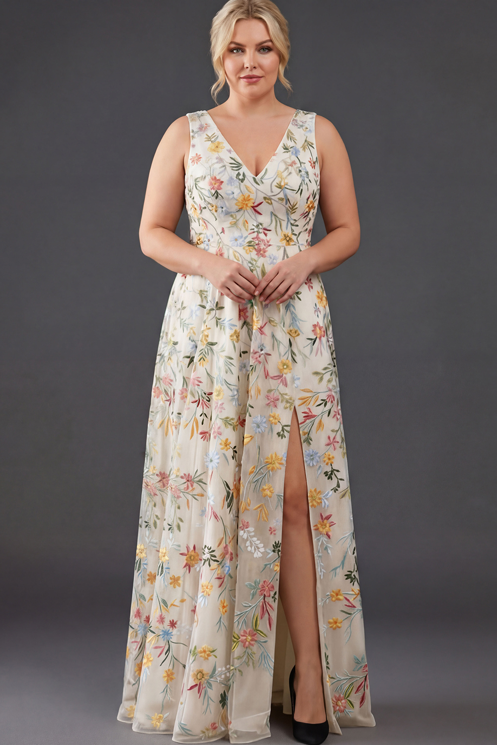 Plus Size Floral Mauve V-Neck A Line Long Wedding Guest Dress with Slit