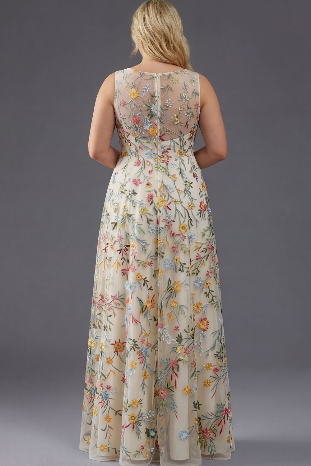 Plus Size Floral Mauve V-Neck A Line Long Wedding Guest Dress with Slit