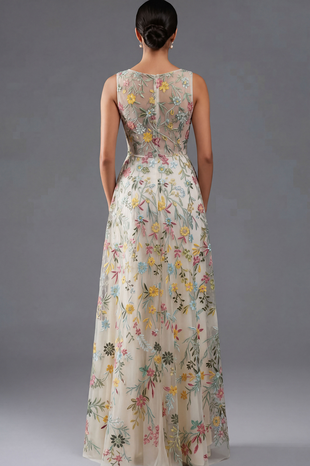 Floral Mauve V-Neck A Line Maxi Prom Dress with Slit