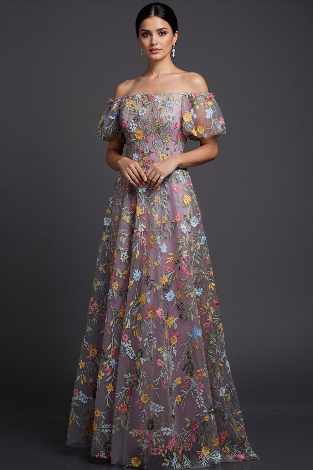 Floral Mauve Off the Shoulder A Line Long Prom Dress