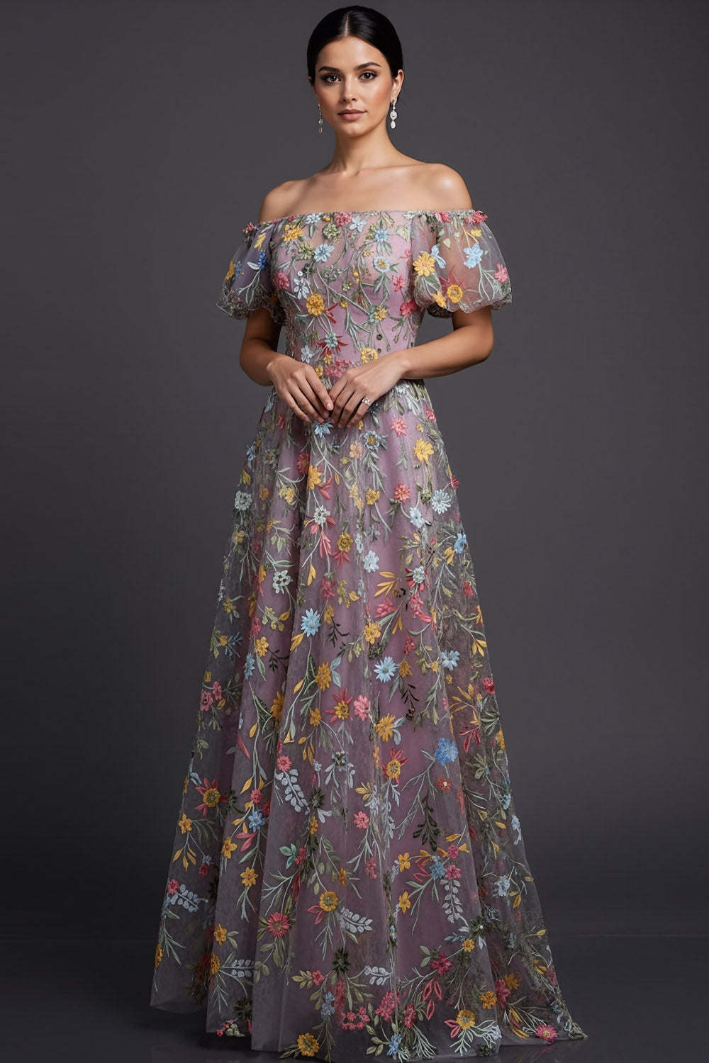 Leely Women Floral Mauve Long Prom Dress Ball Gown Off the Shoulder A Line Gala Dress with Sleeves