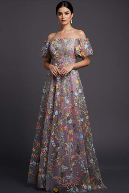 Leely Women Floral Mauve Long Prom Dress Ball Gown Off the Shoulder A Line Gala Dress with Sleeves