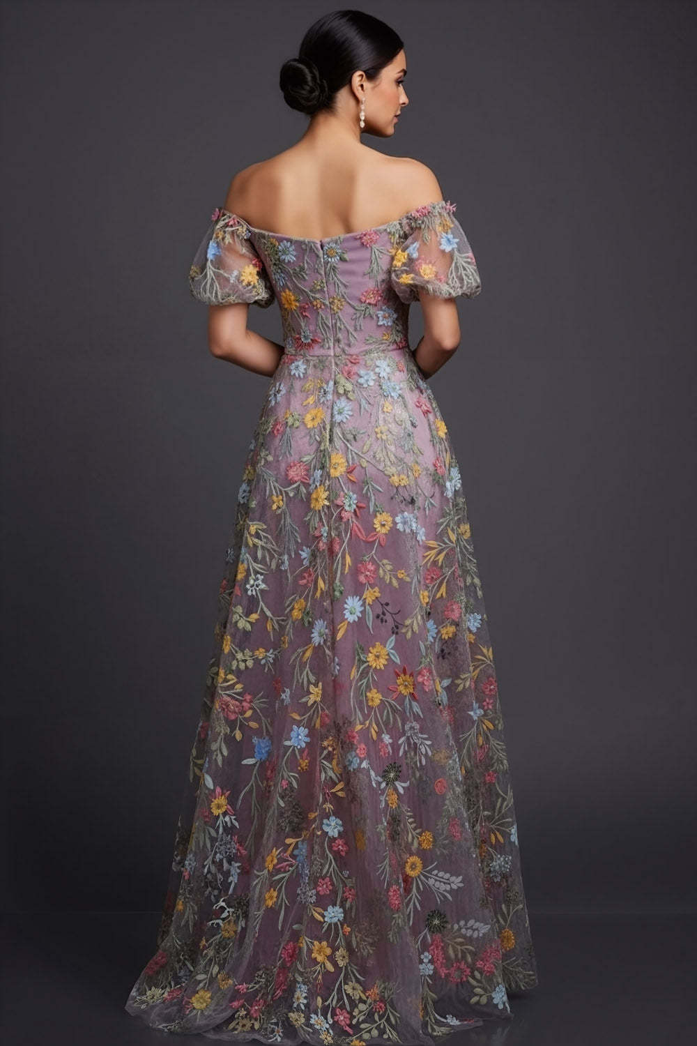 Floral Mauve Off the Shoulder A Line Long Prom Dress