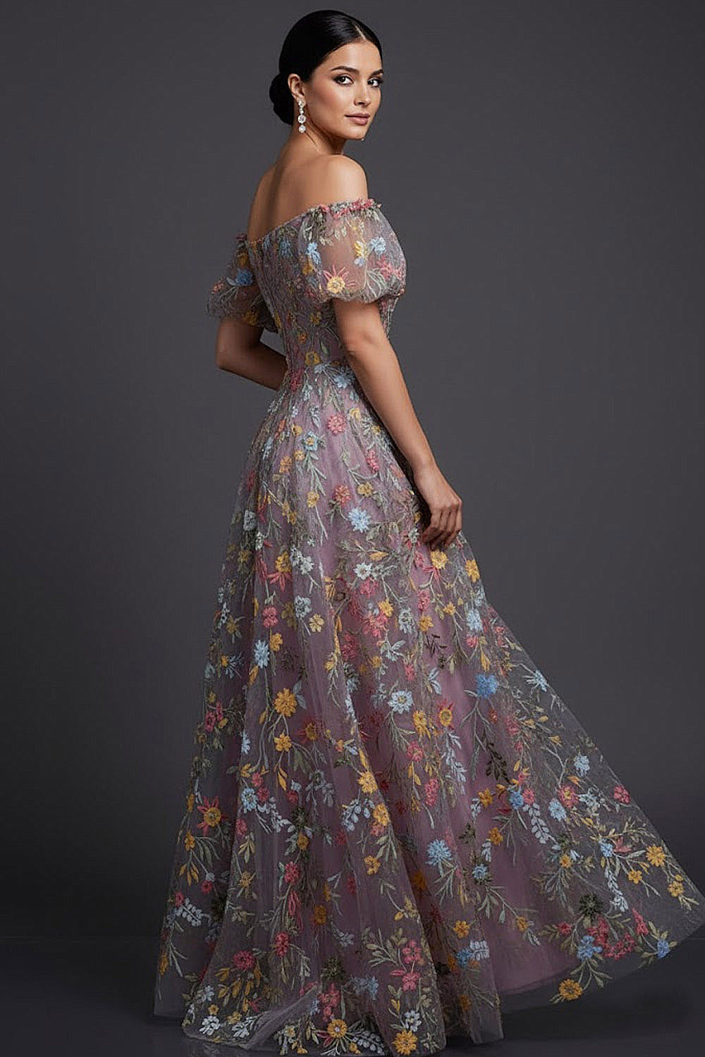 Floral Mauve Off the Shoulder A Line Long Prom Dress