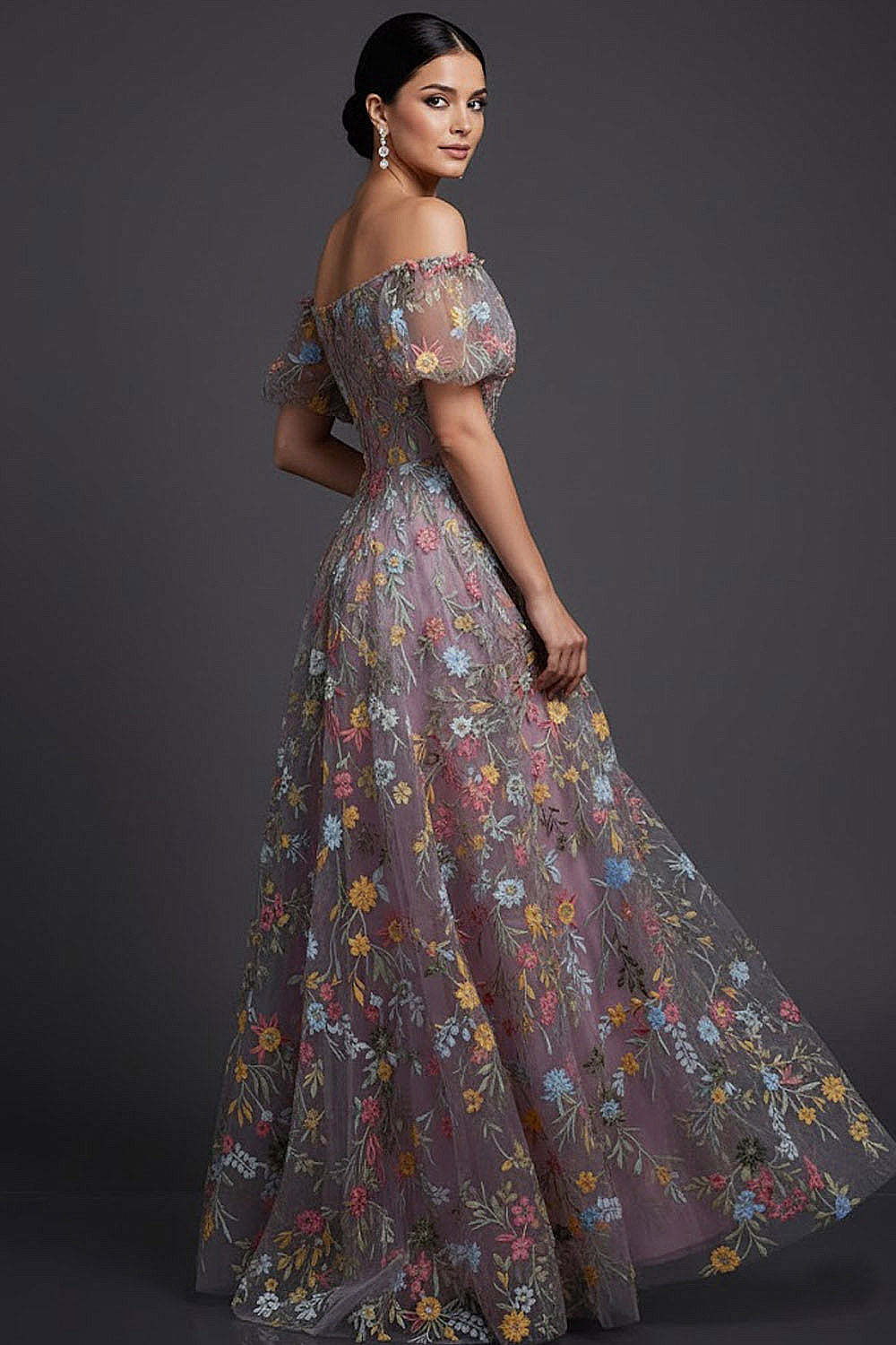 Floral Mauve Off the Shoulder A Line Long Prom Dress