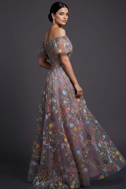 Floral Mauve Off the Shoulder A Line Long Prom Dress
