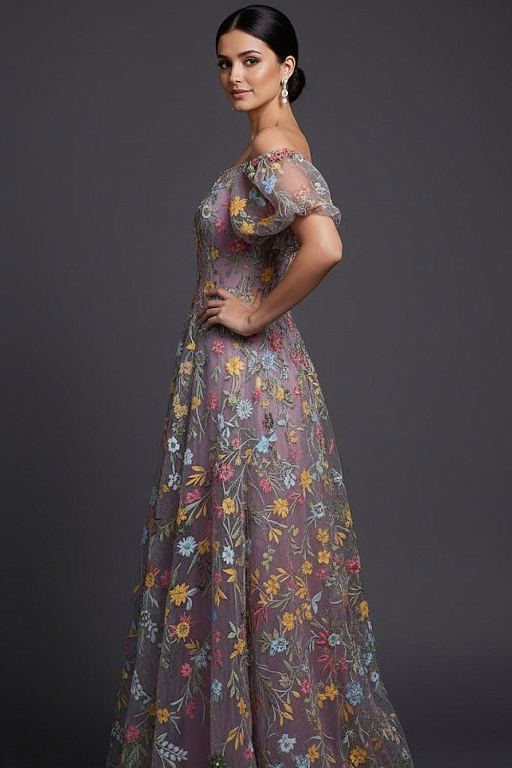 Floral Mauve Off the Shoulder A Line Long Prom Dress