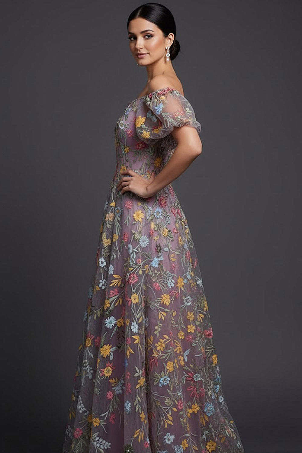 Floral Mauve Off the Shoulder A Line Long Prom Dress