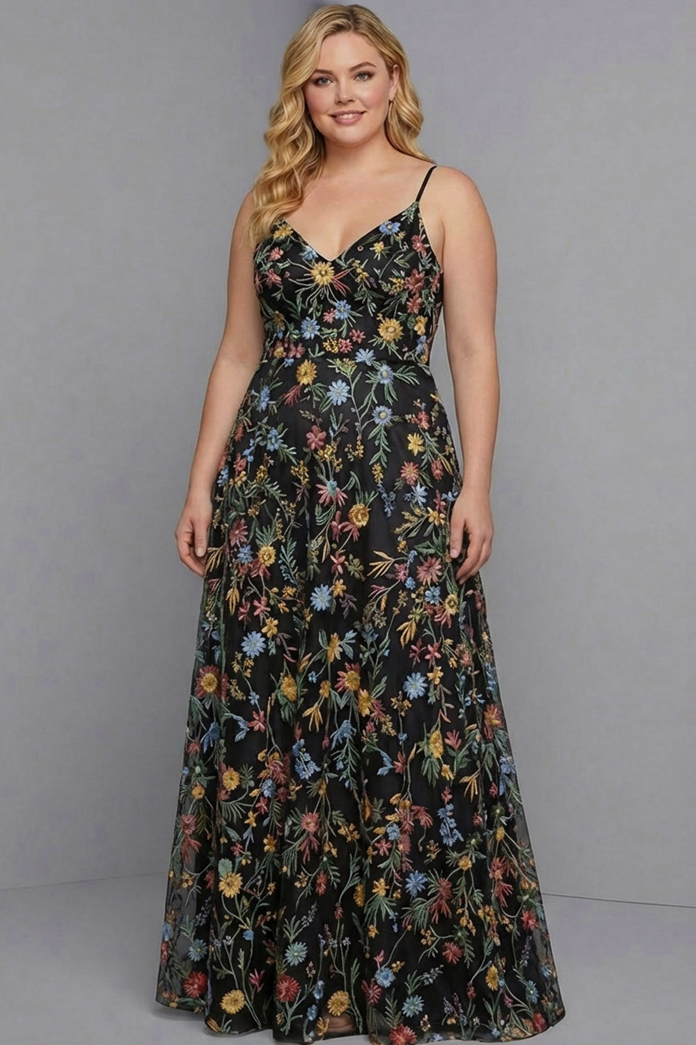 Plus Size Floral Mauve Spaghetti Straps A Line Maxi Wedding Guest Dress