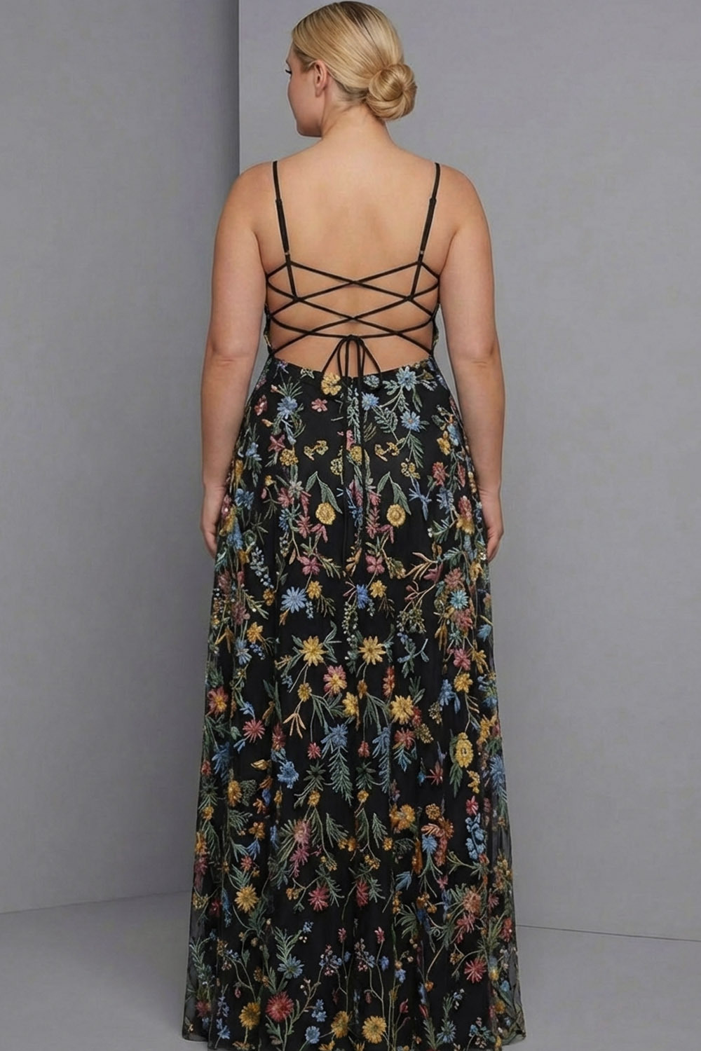 Plus Size Floral Mauve Spaghetti Straps A Line Maxi Wedding Guest Dress