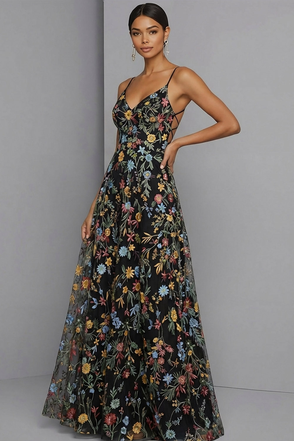 Floral Mauve Spaghetti Straps A Line Backless Maxi Prom Dress