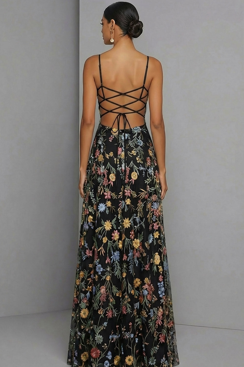 Floral Mauve Spaghetti Straps A Line Backless Maxi Prom Dress