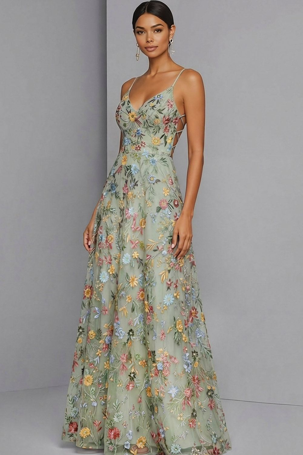Floral Mauve Spaghetti Straps A Line Backless Maxi Prom Dress