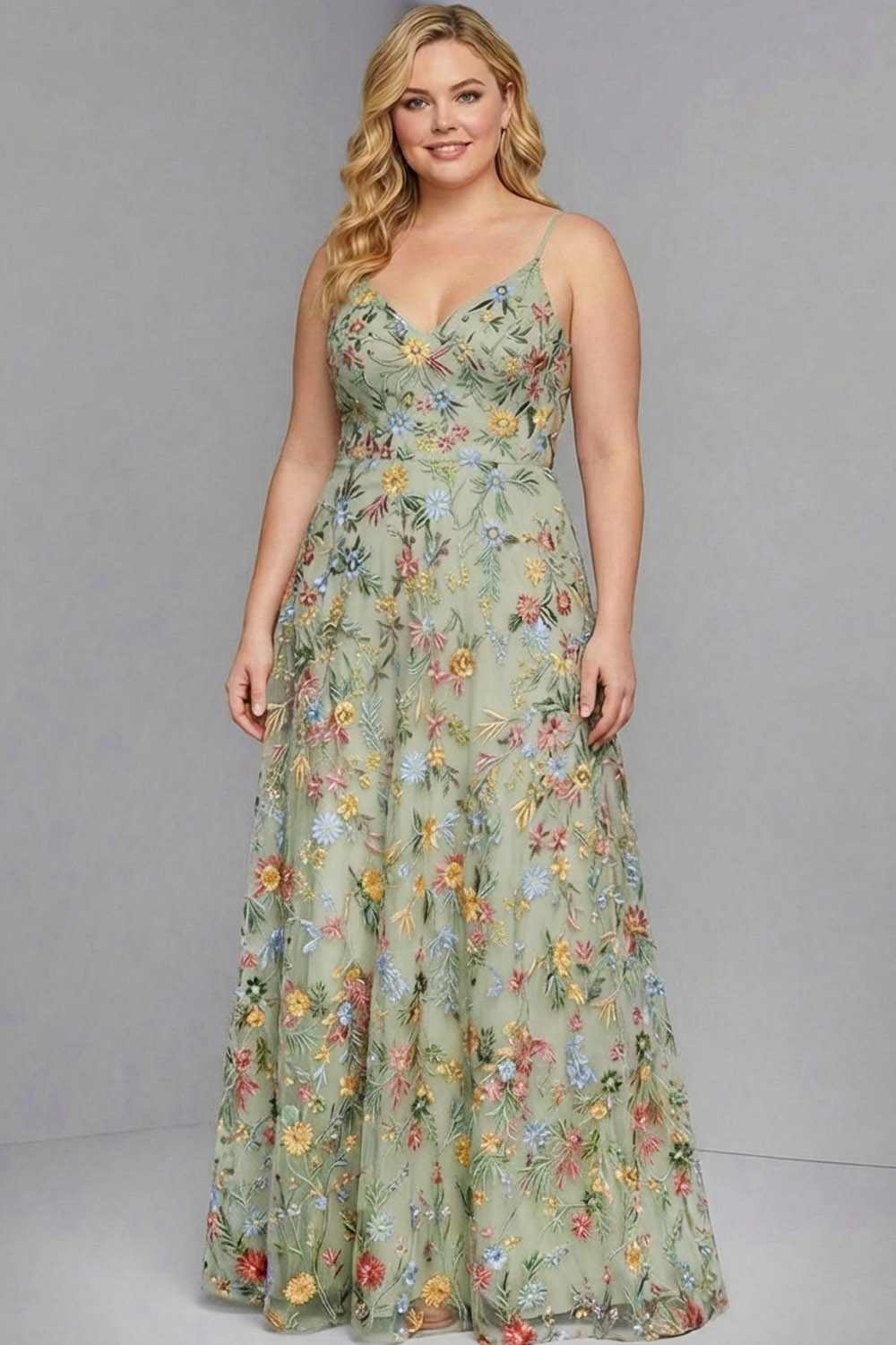 Plus Size Floral Mauve Spaghetti Straps A Line Maxi Wedding Guest Dress