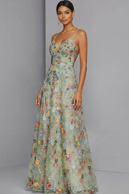 Floral Mauve Spaghetti Straps A Line Backless Maxi Prom Dress