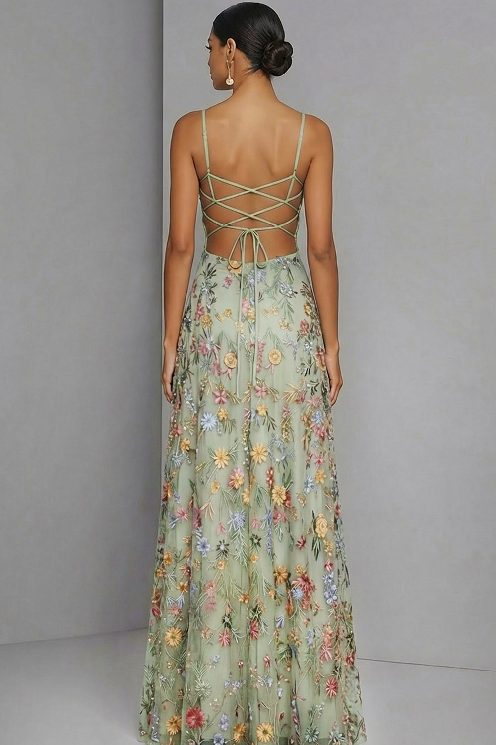 Floral Mauve Spaghetti Straps A Line Backless Maxi Prom Dress