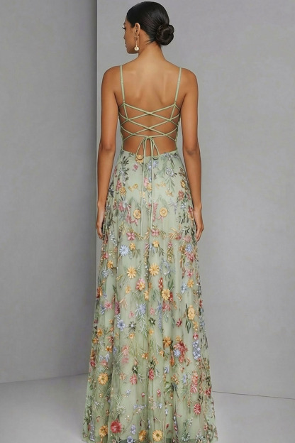 Floral Mauve Spaghetti Straps A Line Backless Maxi Prom Dress