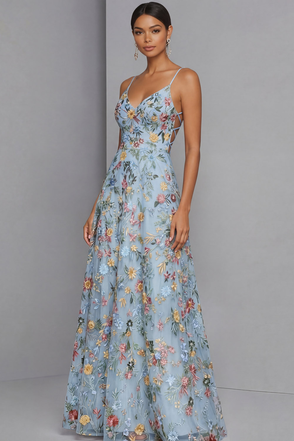 Leely Women Floral Mauve Maxi Prom Dress Spaghetti Straps Embroidered A Line Backless Pageant Dress