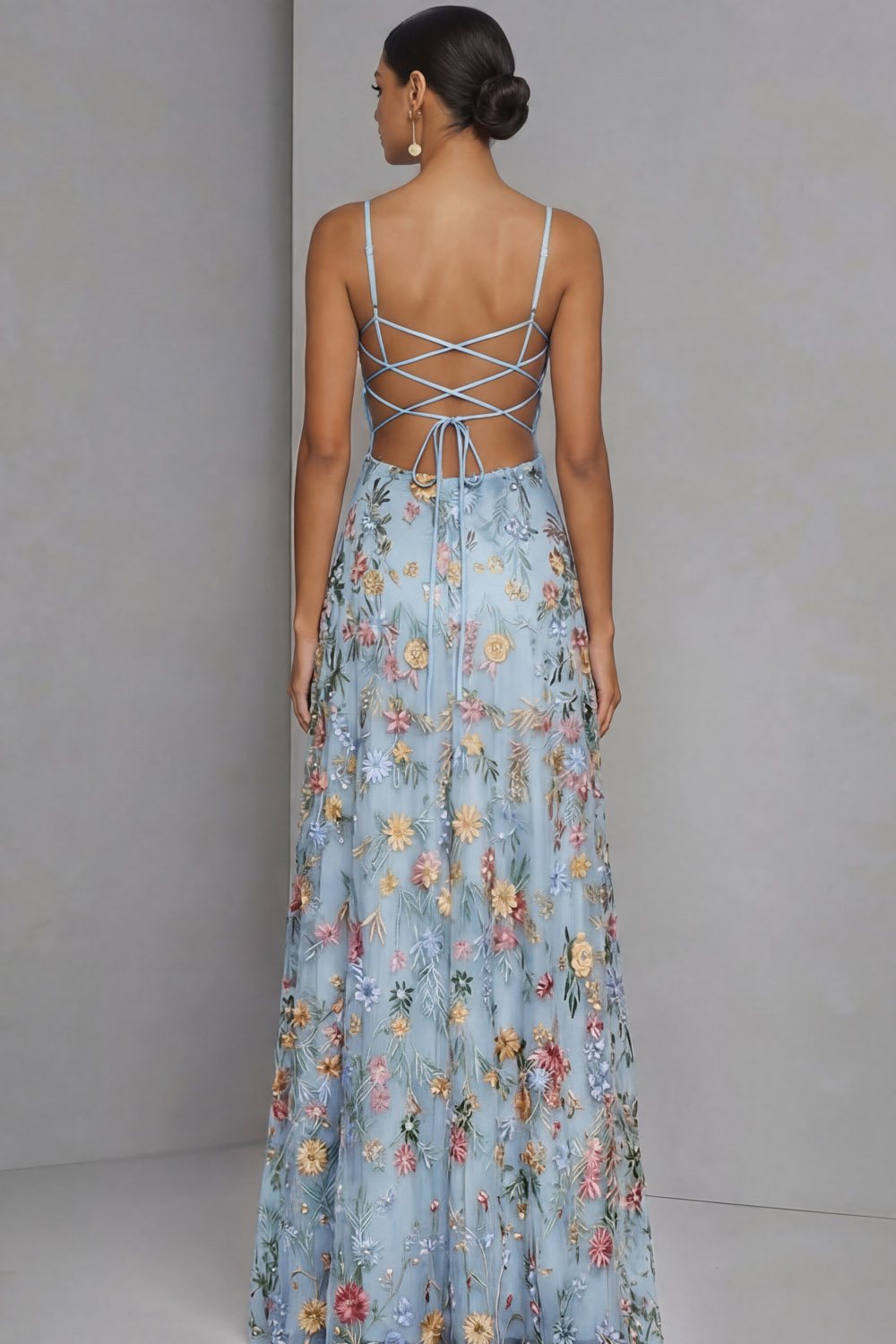 Floral Mauve Spaghetti Straps A Line Backless Maxi Prom Dress