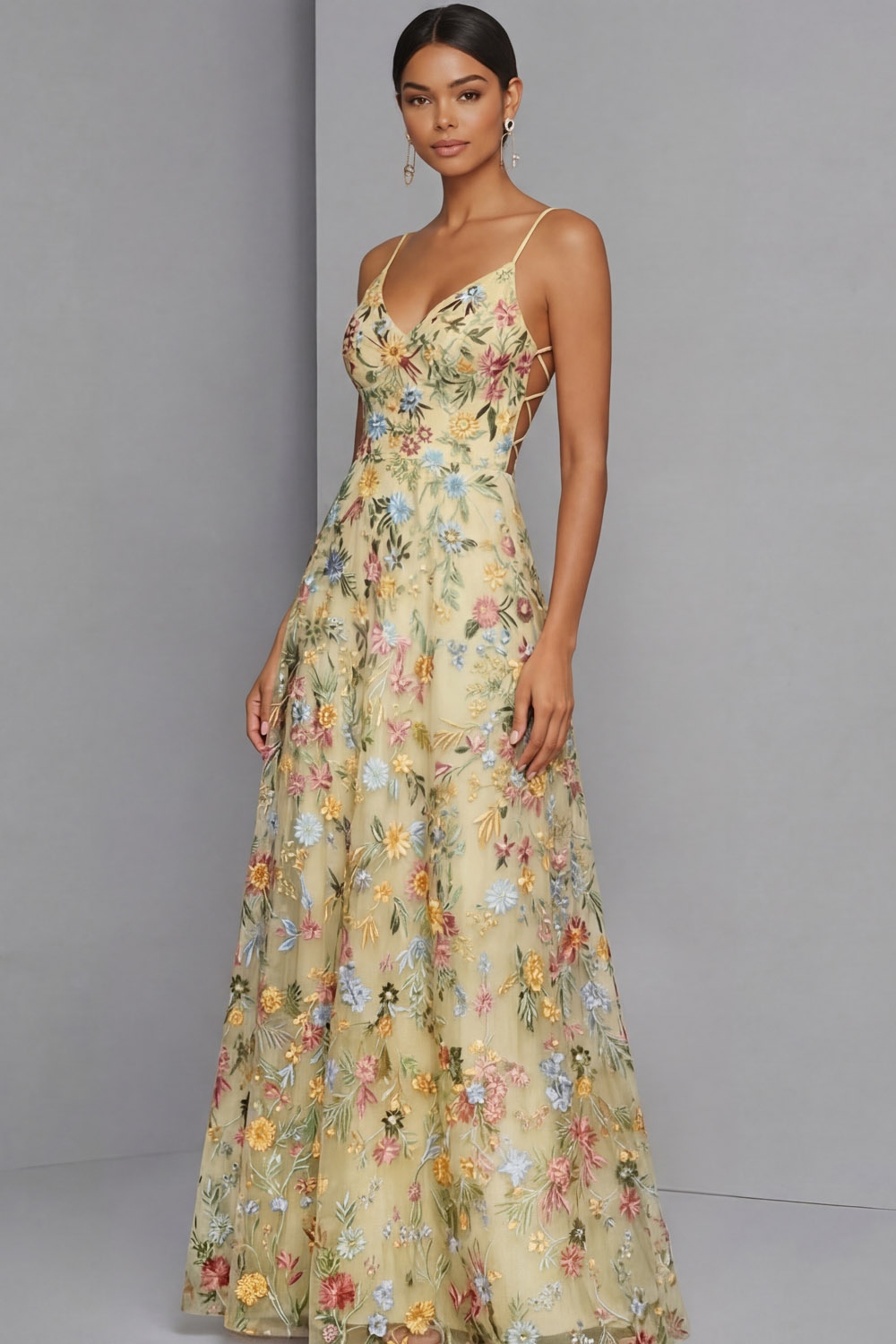 Floral Mauve Spaghetti Straps A Line Backless Maxi Prom Dress