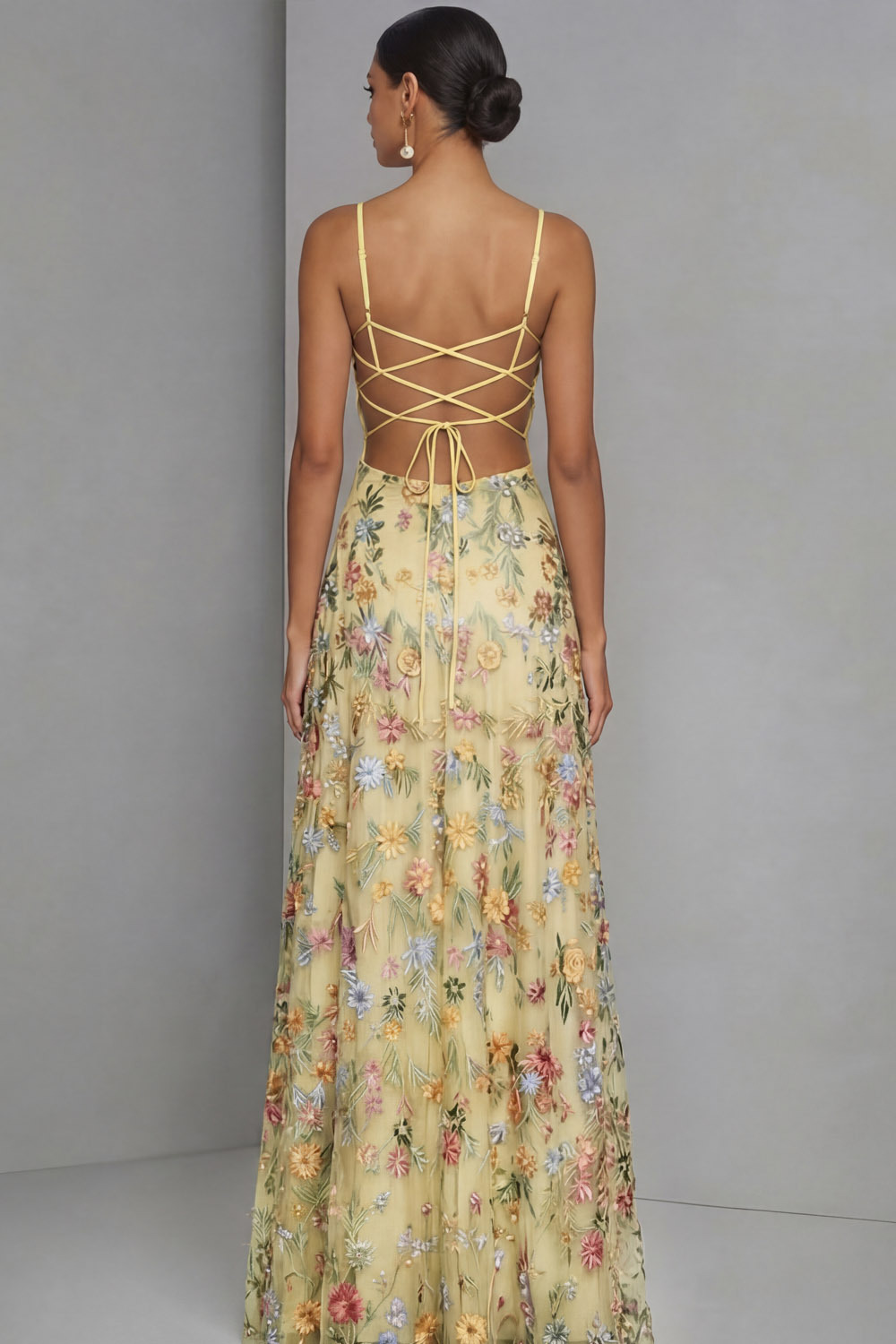 Floral Mauve Spaghetti Straps A Line Backless Maxi Prom Dress