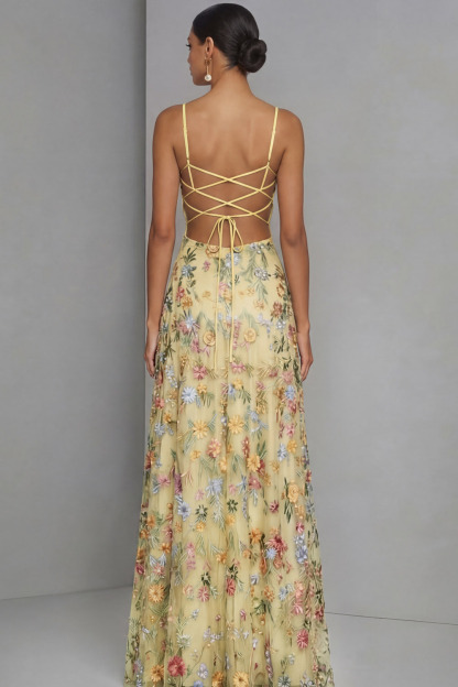 Floral Mauve Spaghetti Straps A Line Backless Maxi Prom Dress