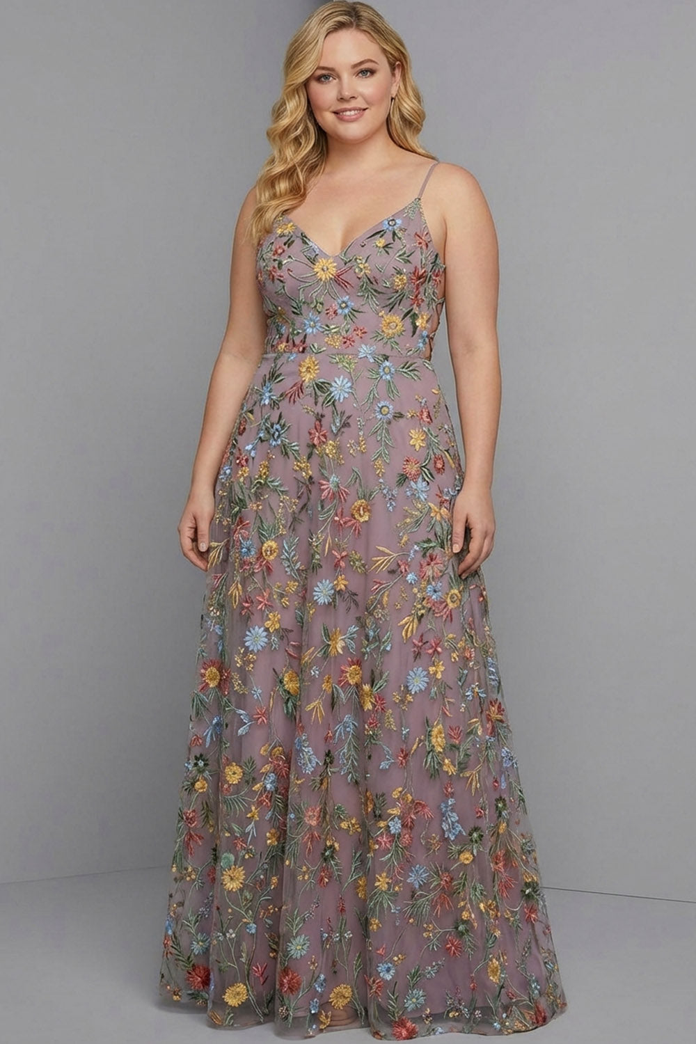 Plus Size Floral Mauve Spaghetti Straps A Line Maxi Wedding Guest Dress