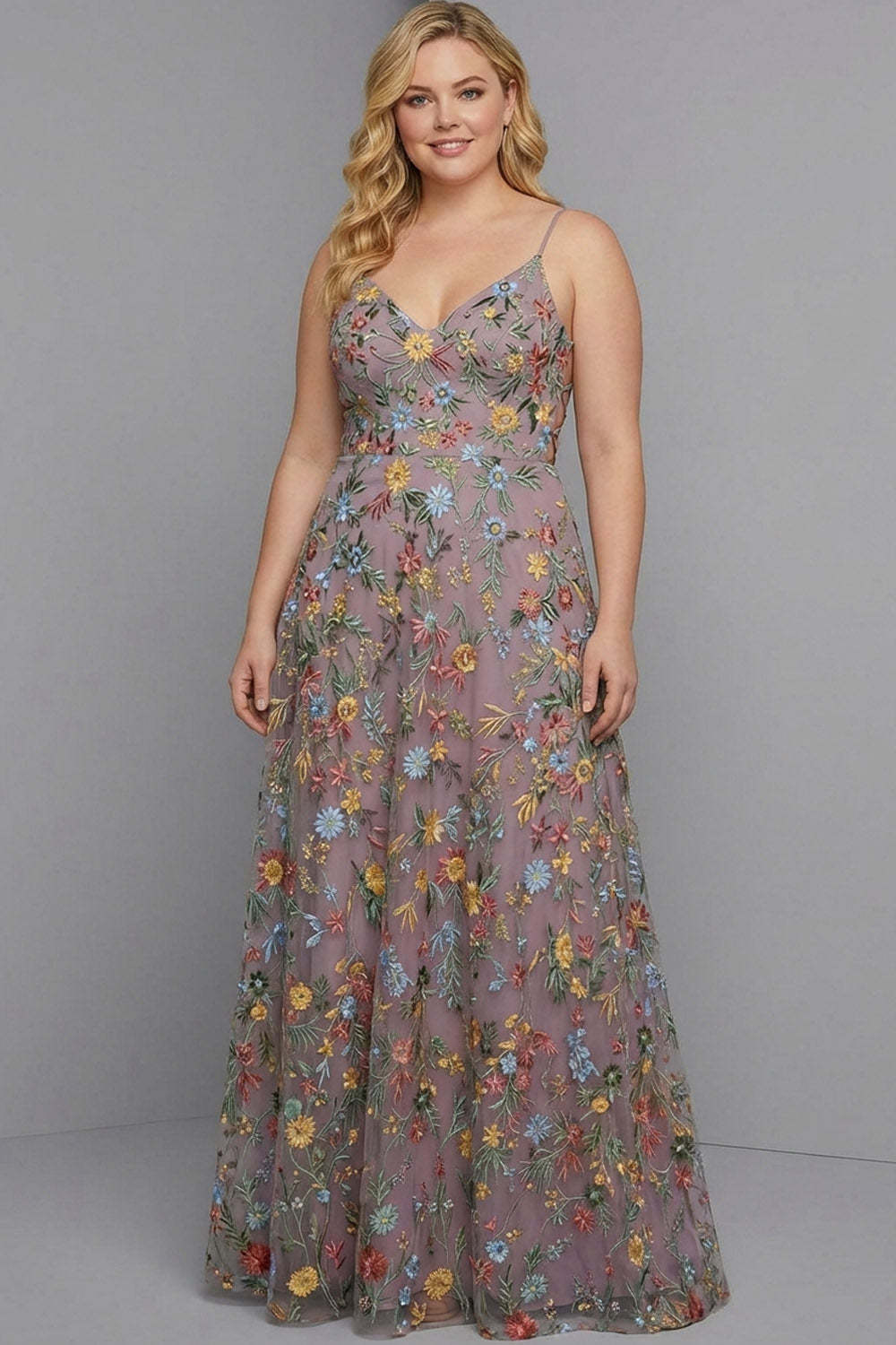 Leely Women Plus Size Floral Mauve Maxi Prom Dress Spaghetti Straps Embroidered A Line Backless Pageant Dress