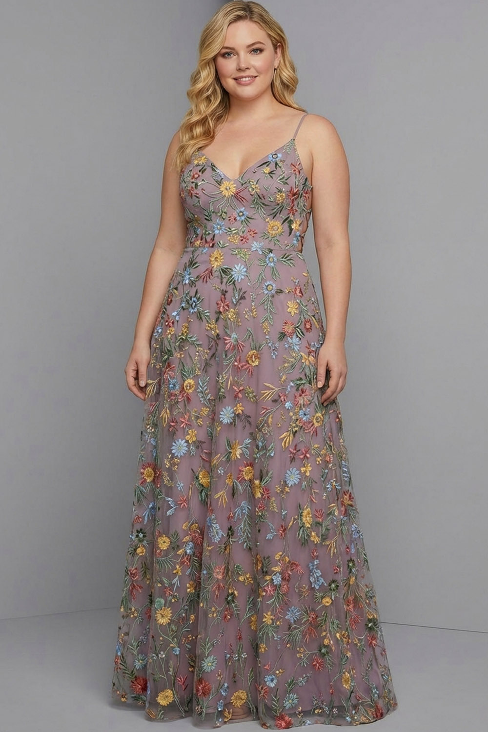 Floral Mauve Spaghetti Straps A Line Backless Maxi Prom Dress