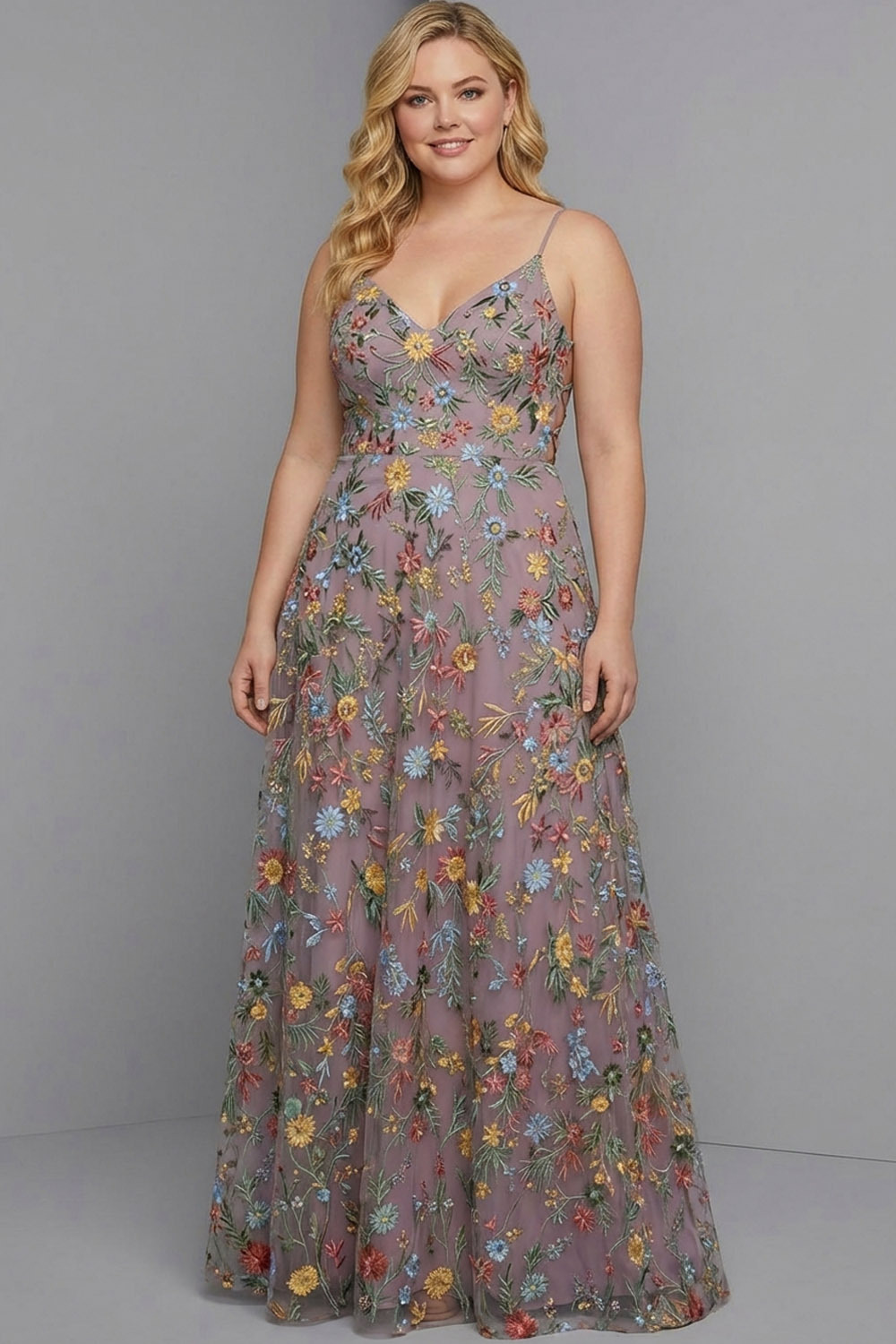 Floral Mauve Spaghetti Straps A Line Backless Maxi Prom Dress