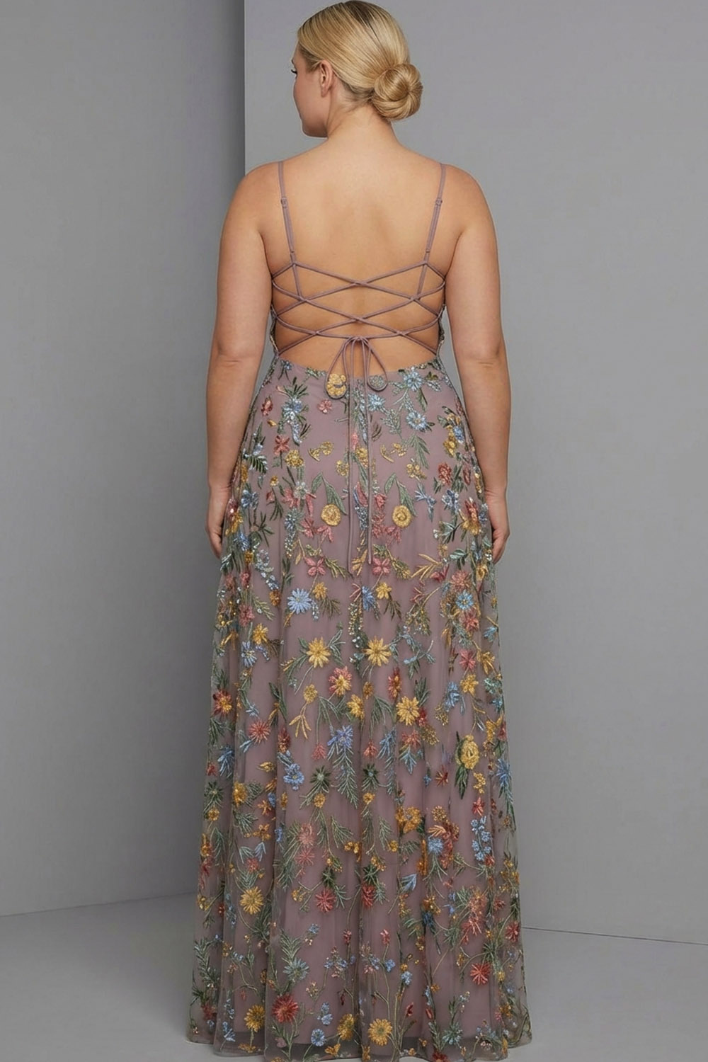 Floral Mauve Spaghetti Straps A Line Backless Maxi Prom Dress