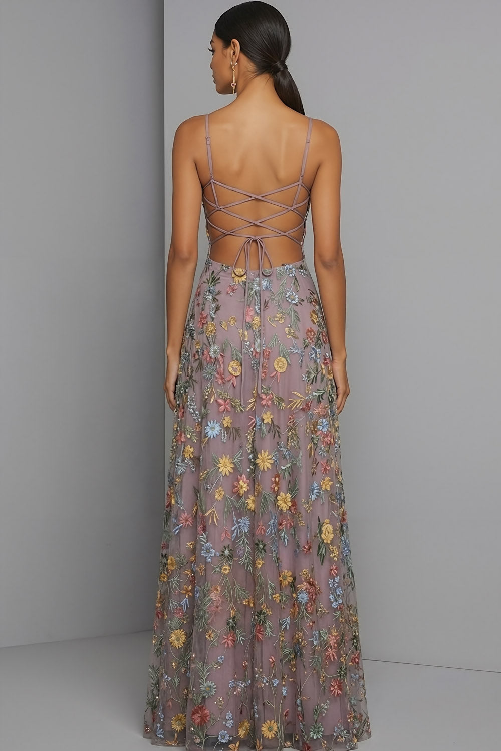 Floral Mauve Spaghetti Straps A Line Backless Maxi Prom Dress