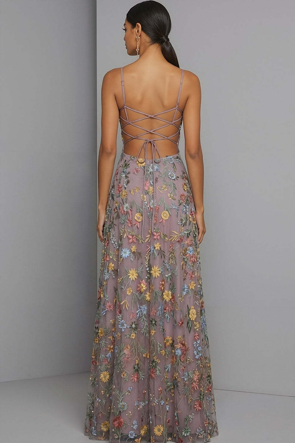 Floral Mauve Spaghetti Straps A Line Backless Maxi Prom Dress